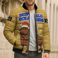 Buffalo Soldiers Christmas Bomber Puffer Jacket with Yellow Cartoon Buffalo Santa Hat Design - Wonder Print Shop