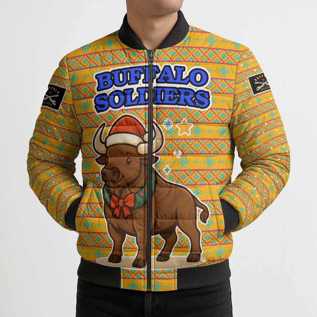 Buffalo Soldiers Christmas Bomber Puffer Jacket with Yellow Cartoon Buffalo Santa Hat Design - Wonder Print Shop