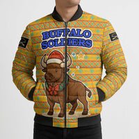 Buffalo Soldiers Christmas Bomber Puffer Jacket with Yellow Cartoon Buffalo Santa Hat Design - Wonder Print Shop