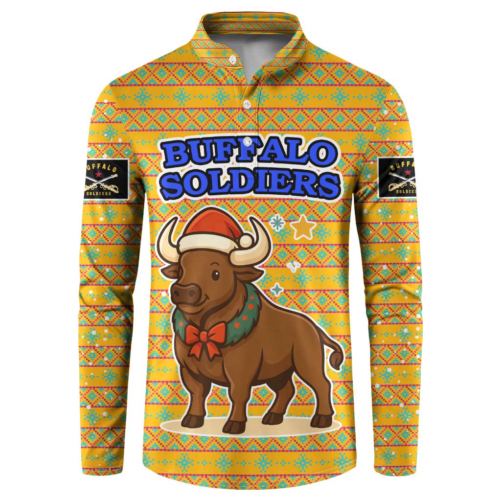 Buffalo Soldiers Christmas Button Sweatshirt with Yellow Cartoon Buffalo Santa Hat Design - Wonder Print Shop