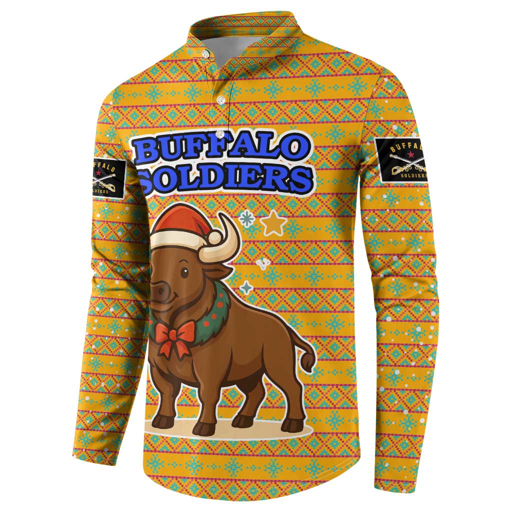 Buffalo Soldiers Christmas Button Sweatshirt with Yellow Cartoon Buffalo Santa Hat Design - Wonder Print Shop