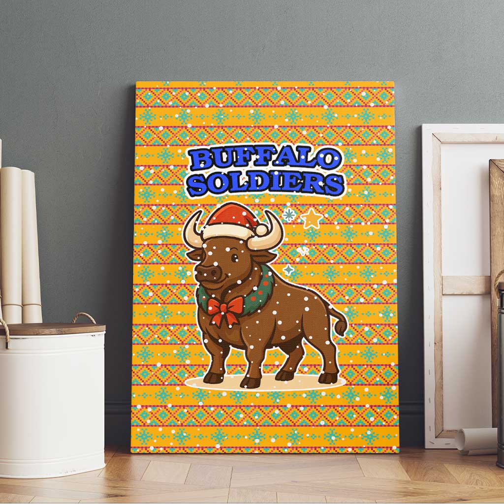 Buffalo Soldiers Christmas Canvas Wall Art with Yellow Cartoon Buffalo Santa Hat Design - Wonder Print Shop