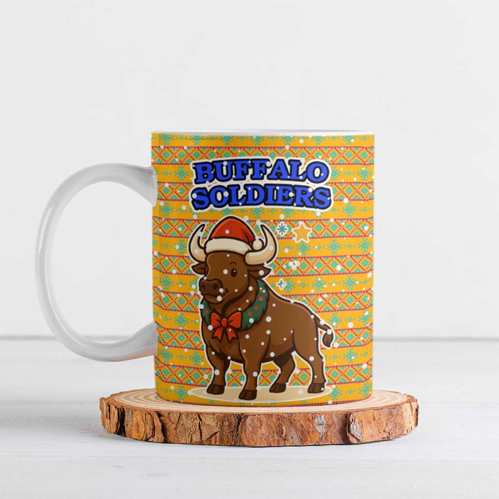 Buffalo Soldiers Christmas Ceramic Mug with Yellow Cartoon Buffalo Santa Hat Design - Wonder Print Shop