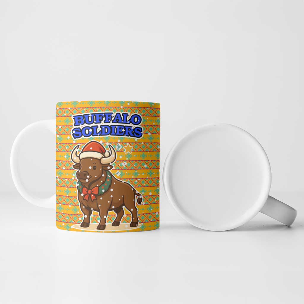 Buffalo Soldiers Christmas Ceramic Mug with Yellow Cartoon Buffalo Santa Hat Design - Wonder Print Shop