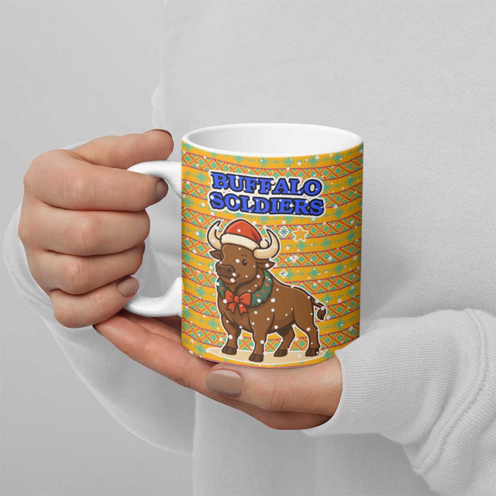 Buffalo Soldiers Christmas Ceramic Mug with Yellow Cartoon Buffalo Santa Hat Design - Wonder Print Shop