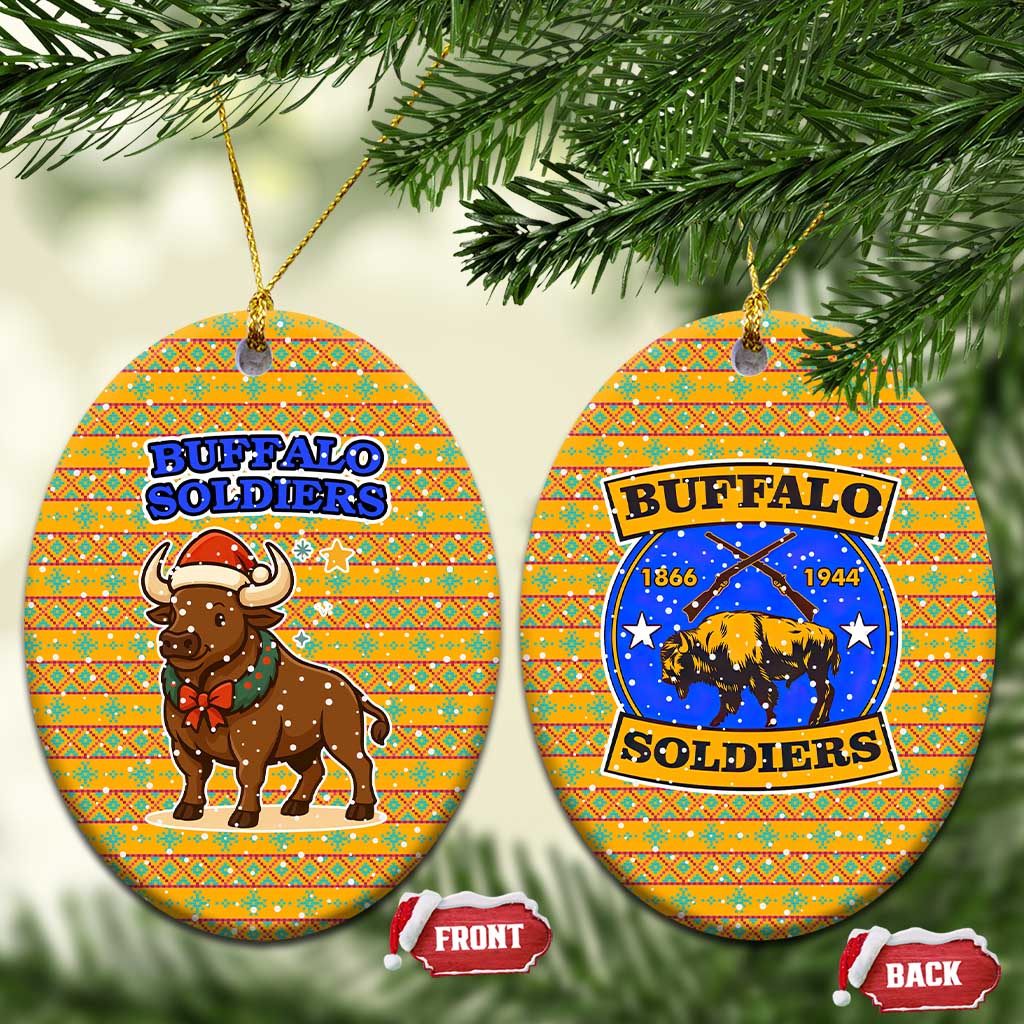 Buffalo Soldiers Christmas Ceramic Ornament with Yellow Cartoon Buffalo Santa Hat Design - Wonder Print Shop