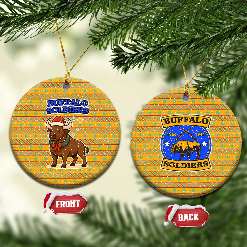 Buffalo Soldiers Christmas Ceramic Ornament with Yellow Cartoon Buffalo Santa Hat Design - Wonder Print Shop