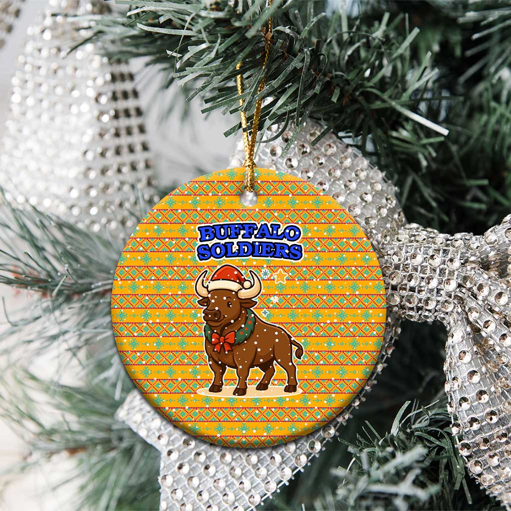 Buffalo Soldiers Christmas Ceramic Ornament with Yellow Cartoon Buffalo Santa Hat Design - Wonder Print Shop