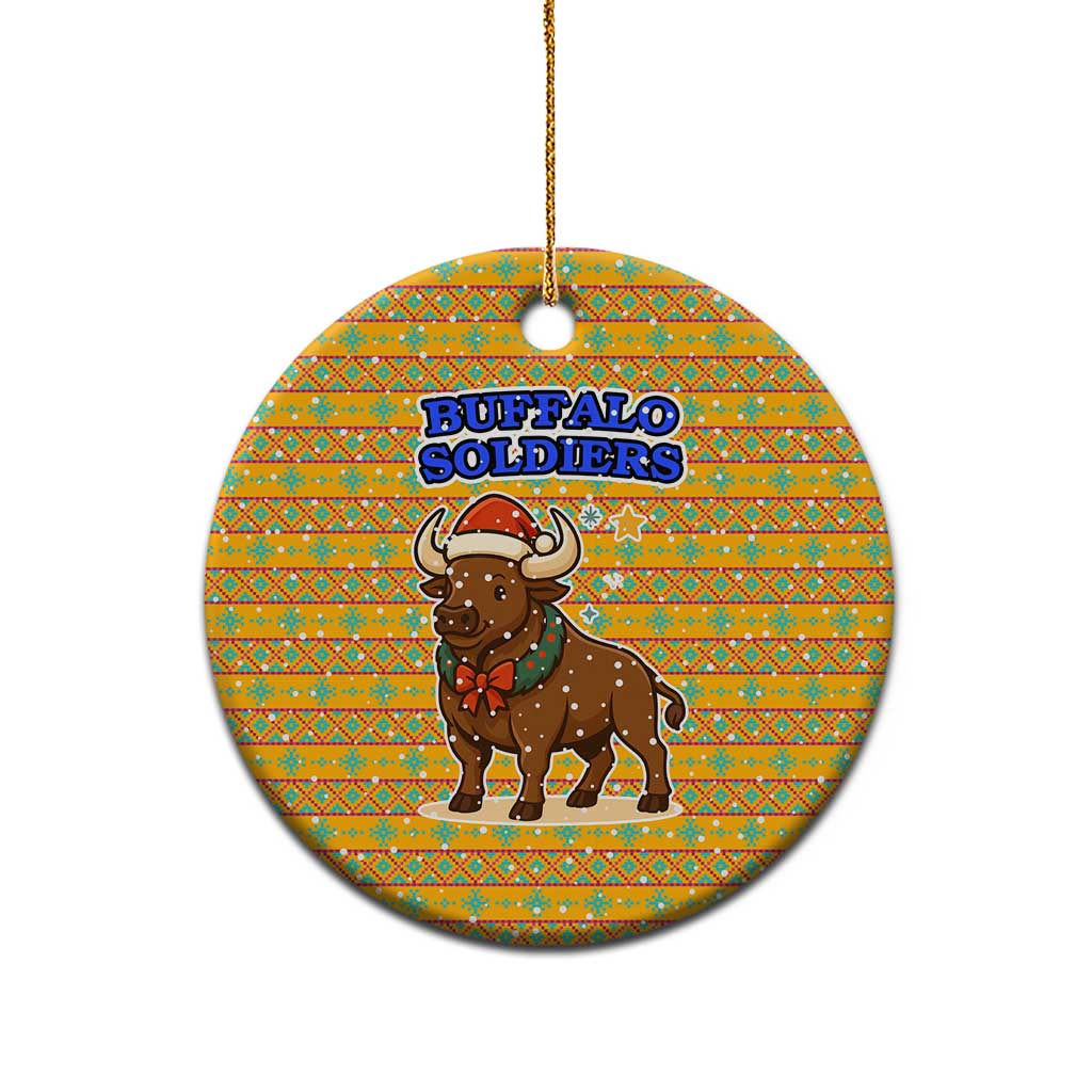 Buffalo Soldiers Christmas Ceramic Ornament with Yellow Cartoon Buffalo Santa Hat Design - Wonder Print Shop