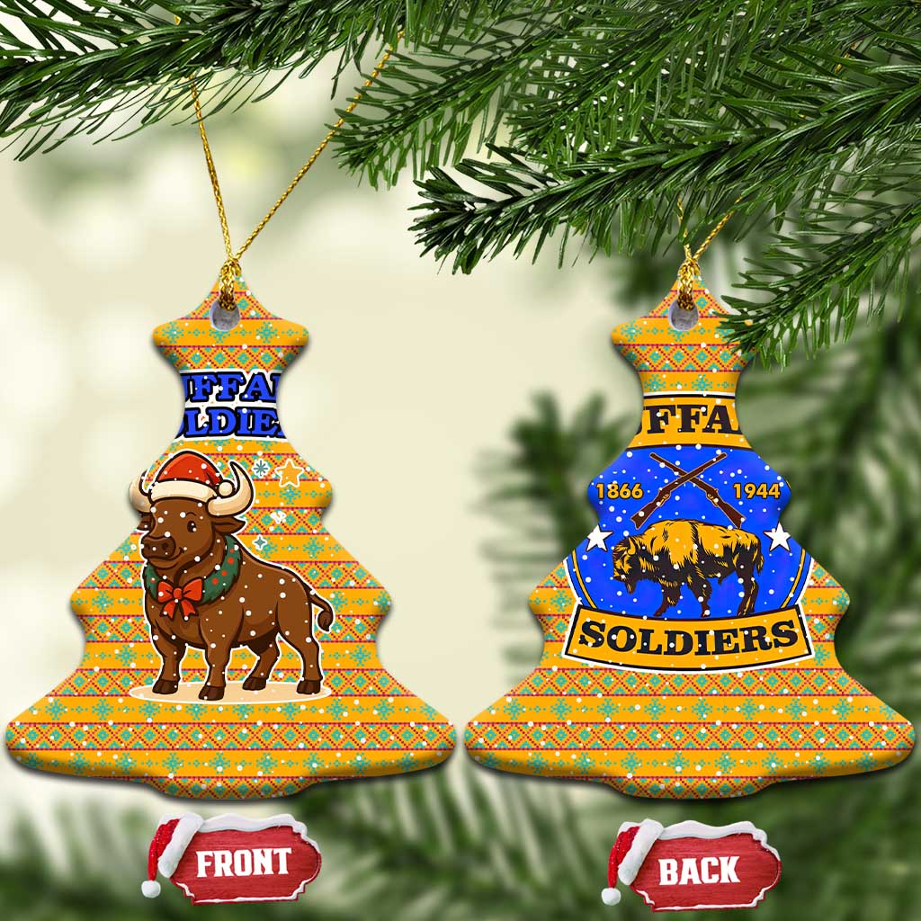 Buffalo Soldiers Christmas Ceramic Ornament with Yellow Cartoon Buffalo Santa Hat Design - Wonder Print Shop