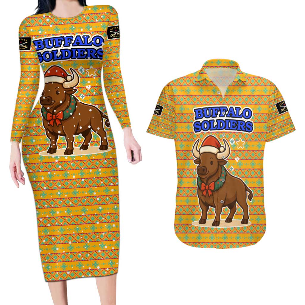 Buffalo Soldiers Christmas Couples Matching Long Sleeve Bodycon Dress and Hawaiian Shirt with Yellow Cartoon Buffalo Santa Hat Design - Wonder Print Shop