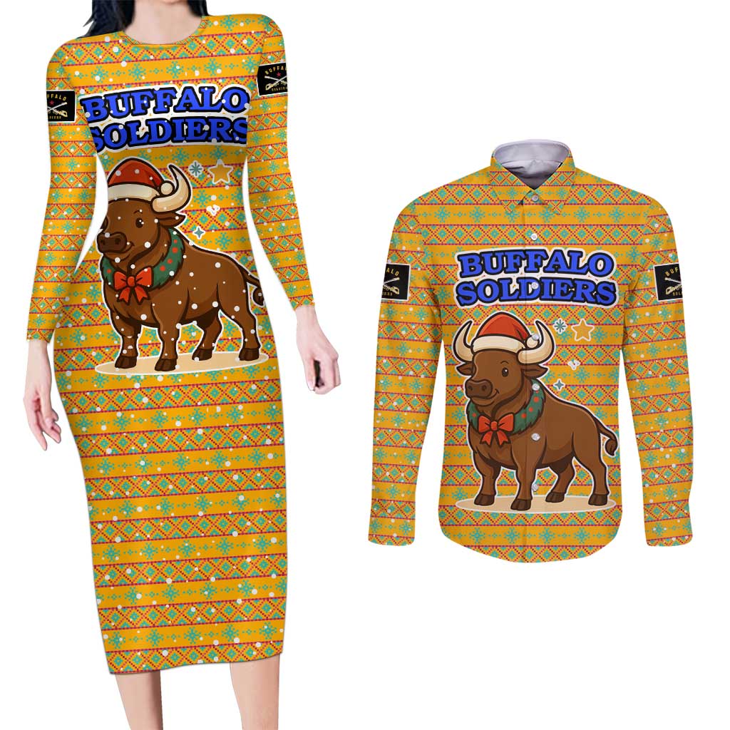Buffalo Soldiers Christmas Couples Matching Long Sleeve Bodycon Dress and Long Sleeve Button Shirt with Yellow Cartoon Buffalo Santa Hat Design - Wonder Print Shop