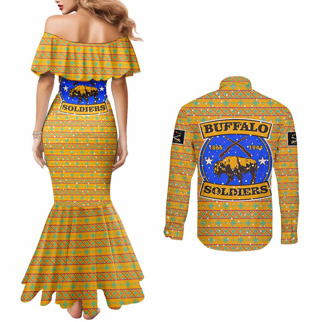 Buffalo Soldiers Christmas Couples Matching Mermaid Dress and Long Sleeve Button Shirt with Yellow Cartoon Buffalo Santa Hat Design - Wonder Print Shop