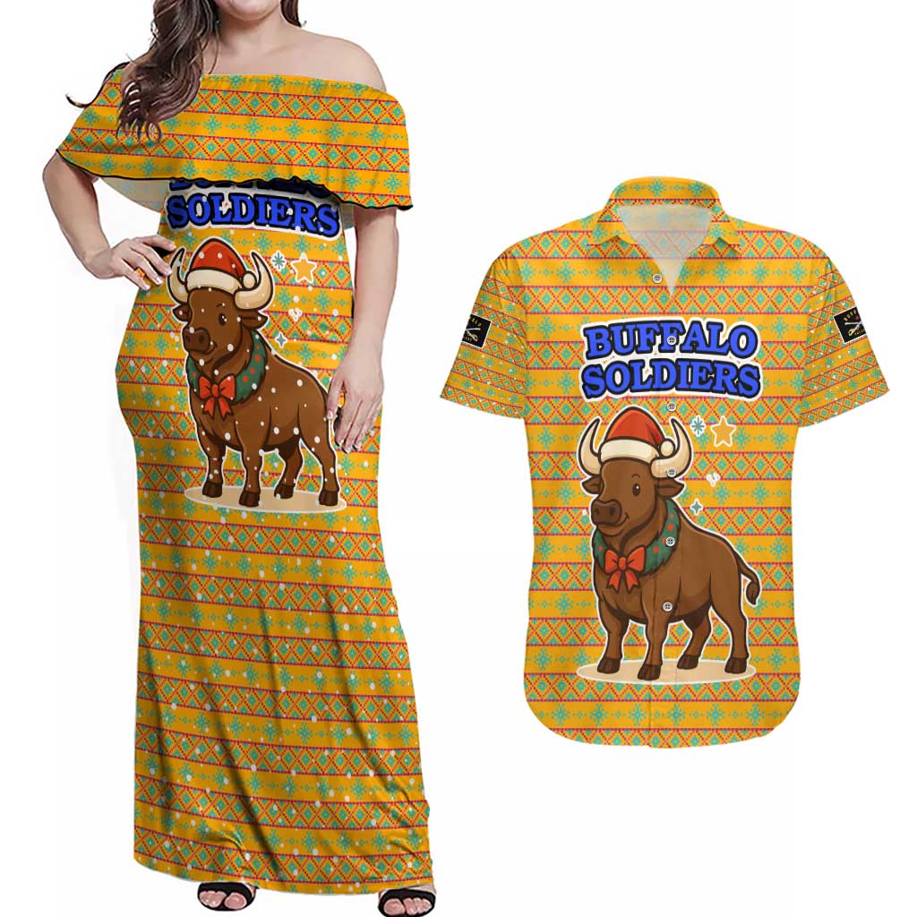 Buffalo Soldiers Christmas Couples Matching Off Shoulder Maxi Dress and Hawaiian Shirt with Yellow Cartoon Buffalo Santa Hat Design - Wonder Print Shop