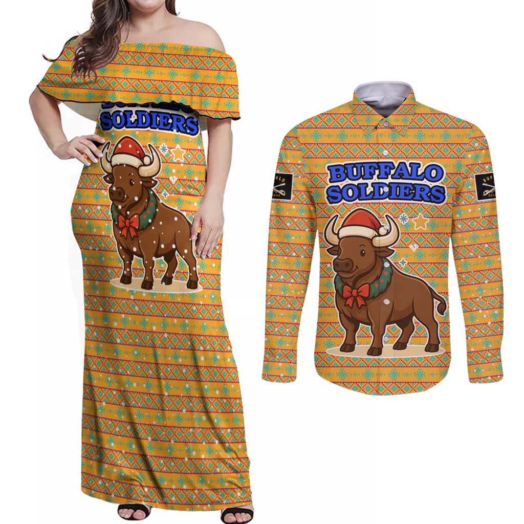 Buffalo Soldiers Christmas Couples Matching Off Shoulder Maxi Dress and Long Sleeve Button Shirt with Yellow Cartoon Buffalo Santa Hat Design - Wonder Print Shop