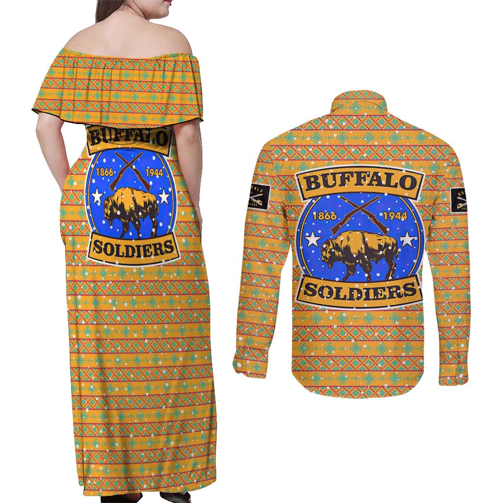 Buffalo Soldiers Christmas Couples Matching Off Shoulder Maxi Dress and Long Sleeve Button Shirt with Yellow Cartoon Buffalo Santa Hat Design - Wonder Print Shop