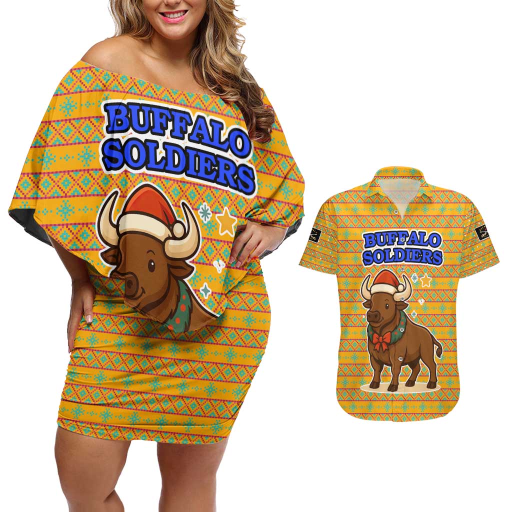 Buffalo Soldiers Christmas Couples Matching Off Shoulder Short Dress and Hawaiian Shirt with Yellow Cartoon Buffalo Santa Hat Design - Wonder Print Shop