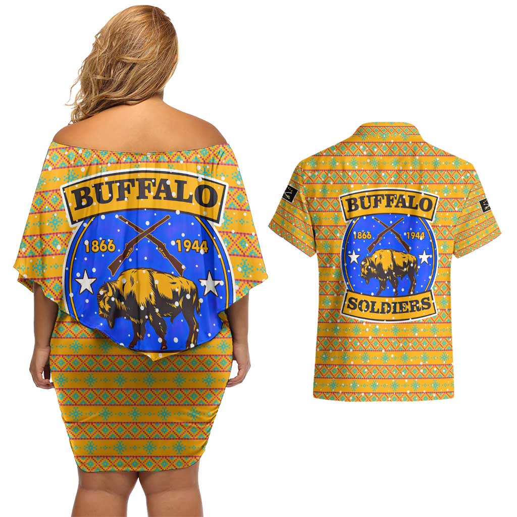 Buffalo Soldiers Christmas Couples Matching Off Shoulder Short Dress and Hawaiian Shirt with Yellow Cartoon Buffalo Santa Hat Design - Wonder Print Shop