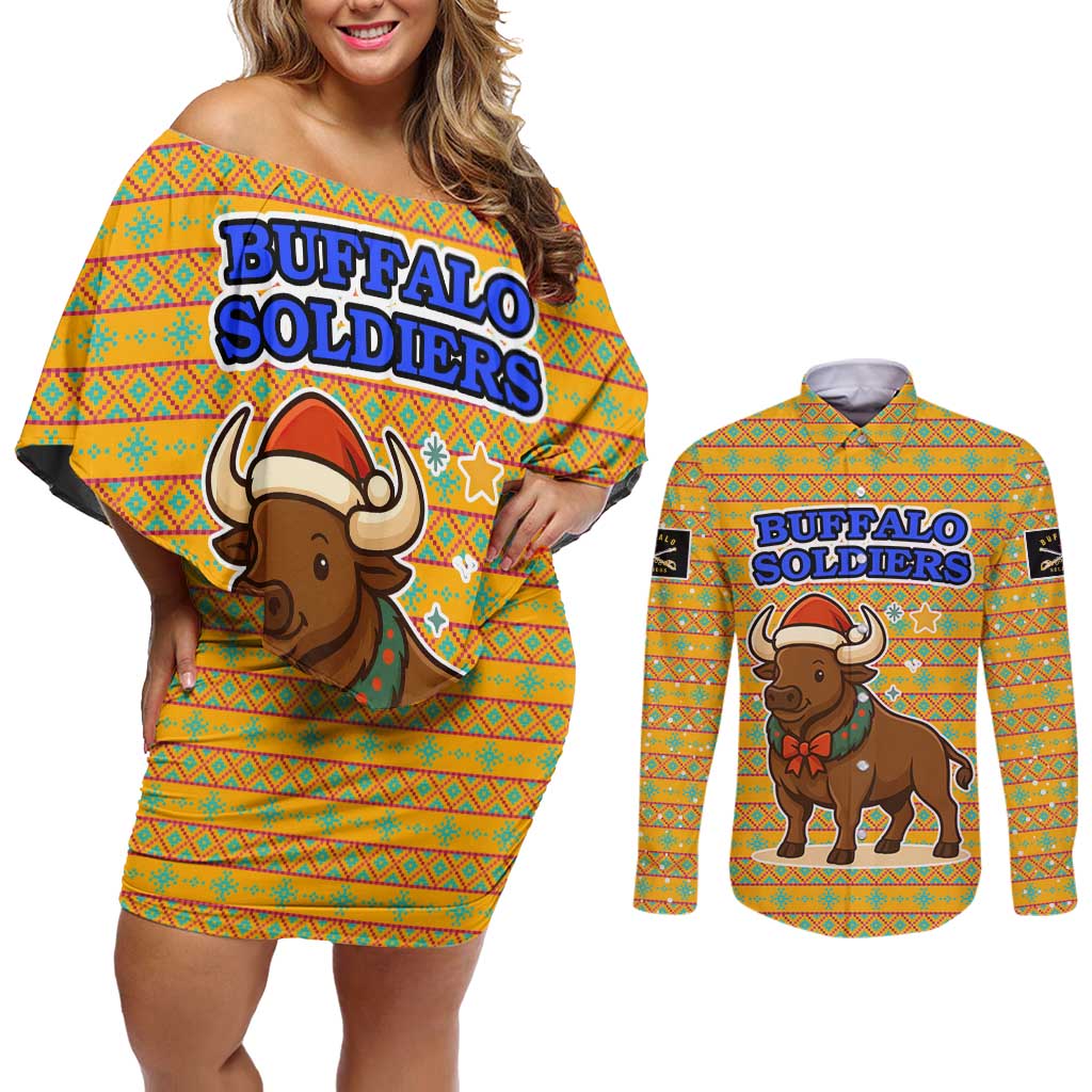 Buffalo Soldiers Christmas Couples Matching Off Shoulder Short Dress and Long Sleeve Button Shirt with Yellow Cartoon Buffalo Santa Hat Design - Wonder Print Shop