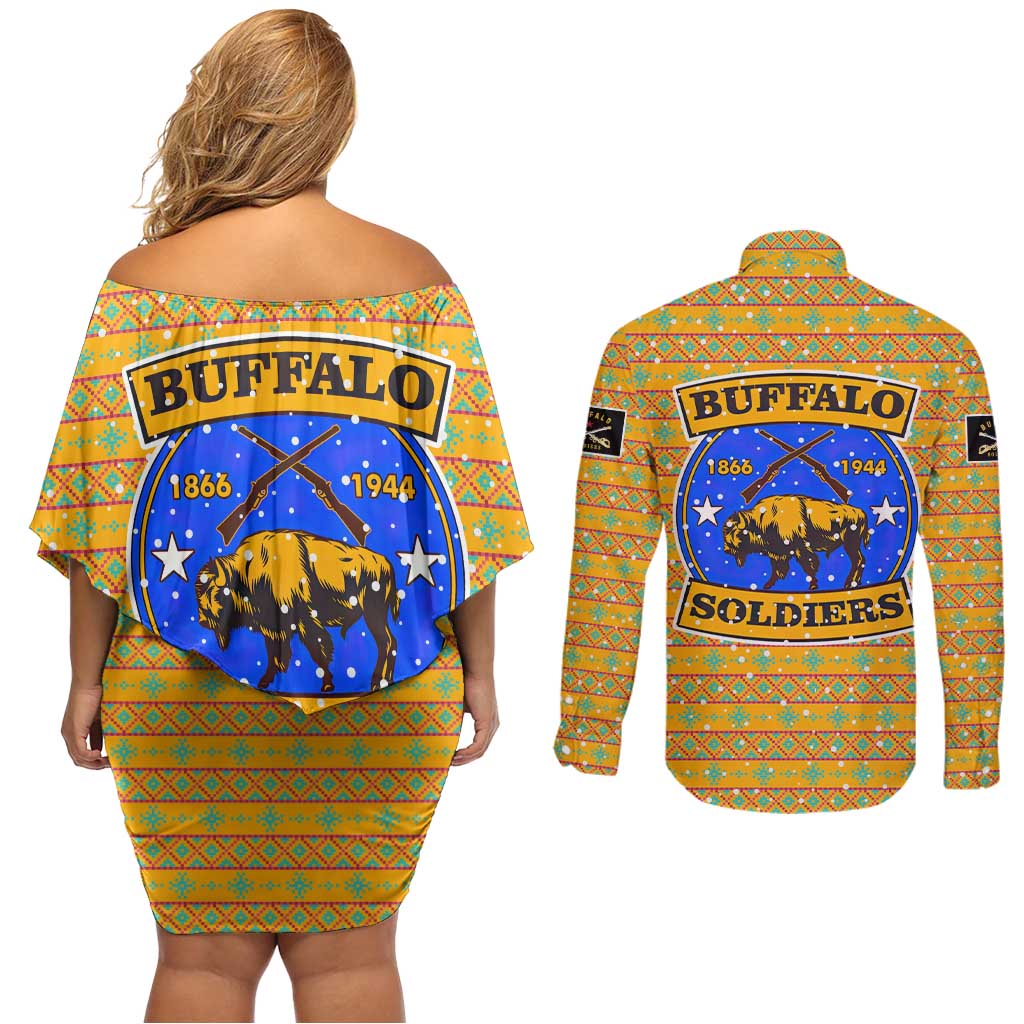 Buffalo Soldiers Christmas Couples Matching Off Shoulder Short Dress and Long Sleeve Button Shirt with Yellow Cartoon Buffalo Santa Hat Design - Wonder Print Shop
