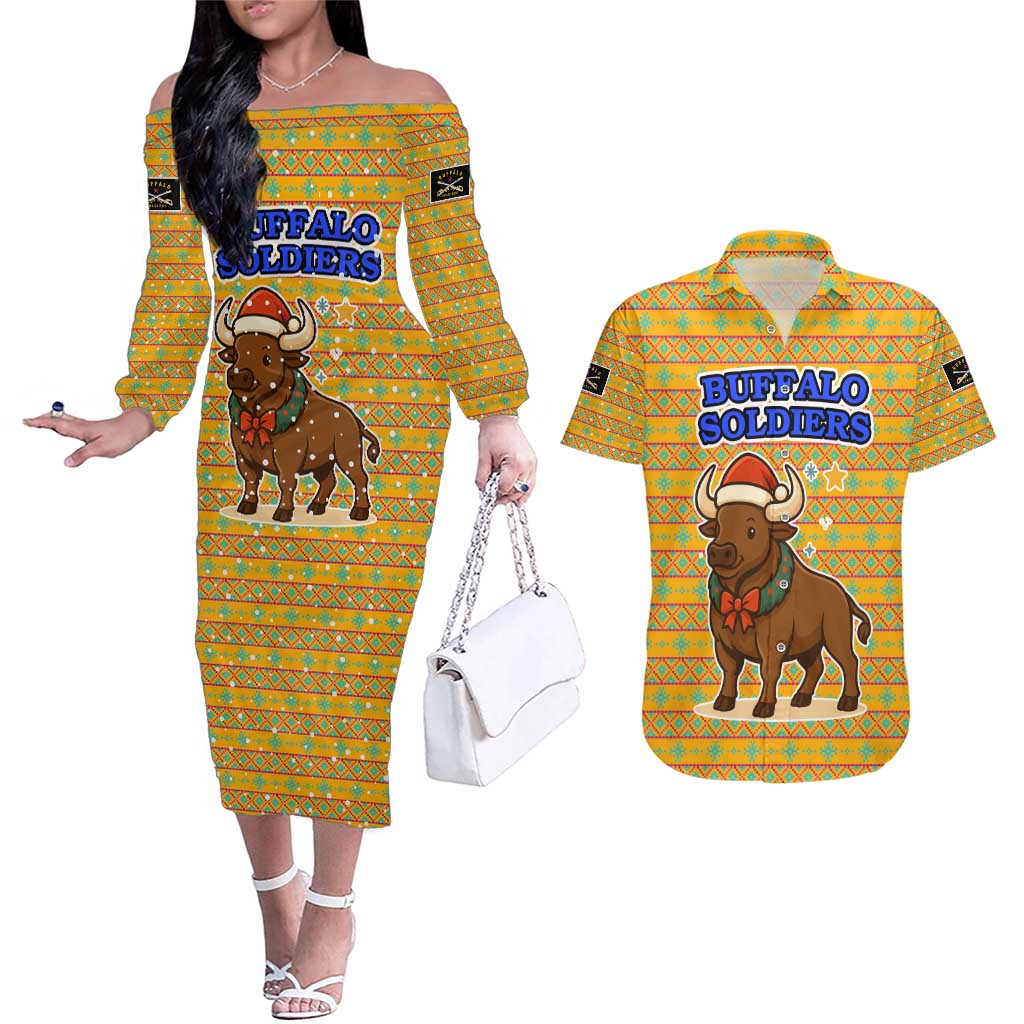 Buffalo Soldiers Christmas Couples Matching Off The Shoulder Long Sleeve Dress and Hawaiian Shirt with Yellow Cartoon Buffalo Santa Hat Design - Wonder Print Shop