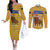 Buffalo Soldiers Christmas Couples Matching Off The Shoulder Long Sleeve Dress and Long Sleeve Button Shirt with Yellow Cartoon Buffalo Santa Hat Design - Wonder Print Shop