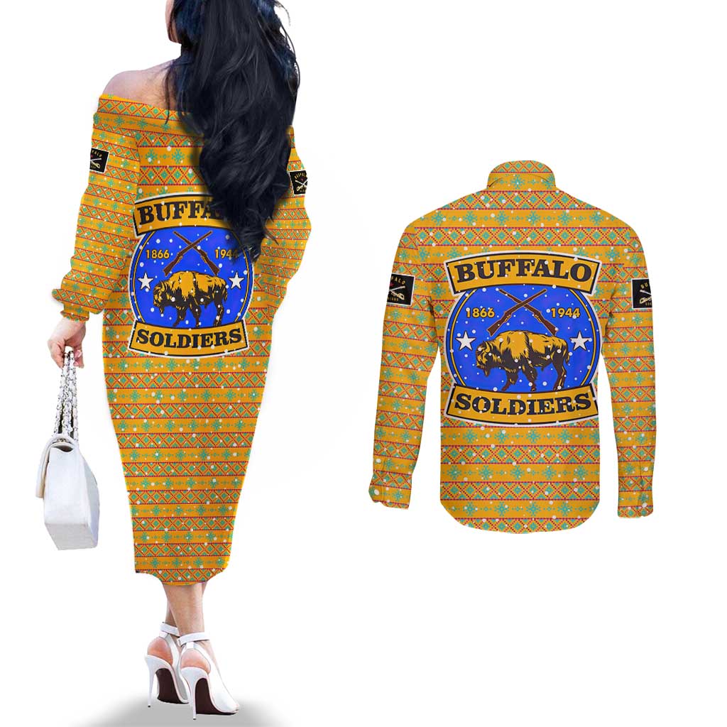 Buffalo Soldiers Christmas Couples Matching Off The Shoulder Long Sleeve Dress and Long Sleeve Button Shirt with Yellow Cartoon Buffalo Santa Hat Design - Wonder Print Shop