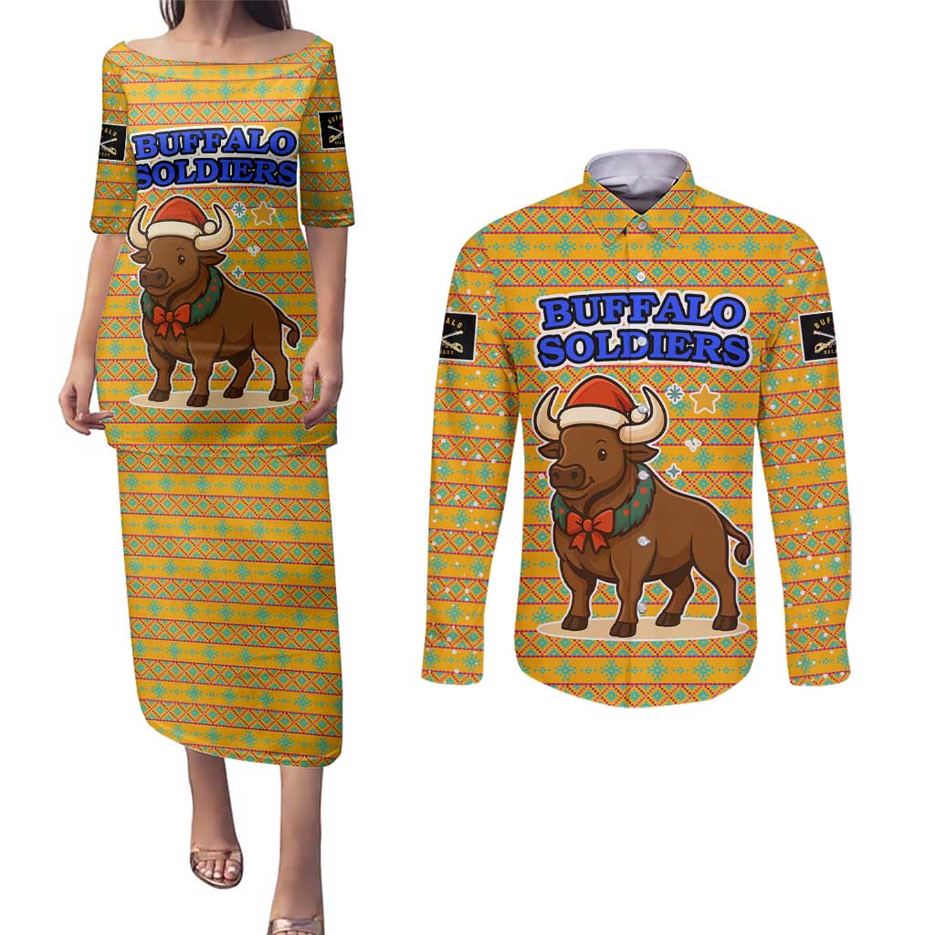 Buffalo Soldiers Christmas Couples Matching Puletasi and Long Sleeve Button Shirt with Yellow Cartoon Buffalo Santa Hat Design - Wonder Print Shop