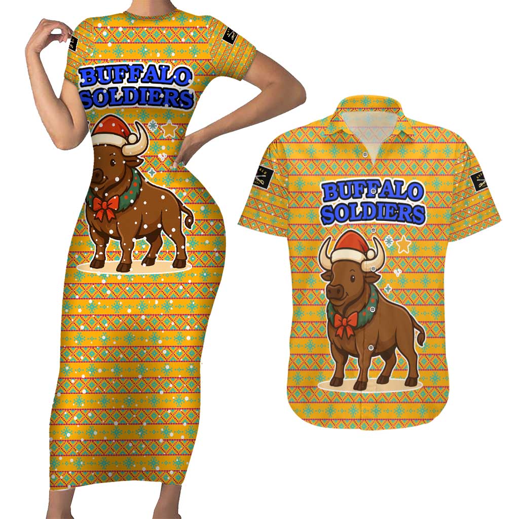 Buffalo Soldiers Christmas Couples Matching Short Sleeve Bodycon Dress and Hawaiian Shirt with Yellow Cartoon Buffalo Santa Hat Design - Wonder Print Shop