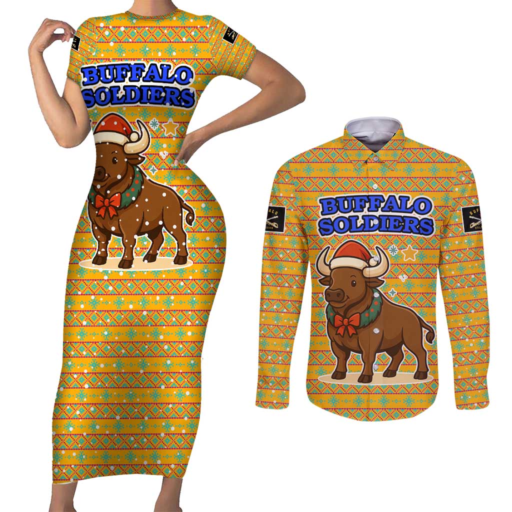 Buffalo Soldiers Christmas Couples Matching Short Sleeve Bodycon Dress and Long Sleeve Button Shirt with Yellow Cartoon Buffalo Santa Hat Design - Wonder Print Shop