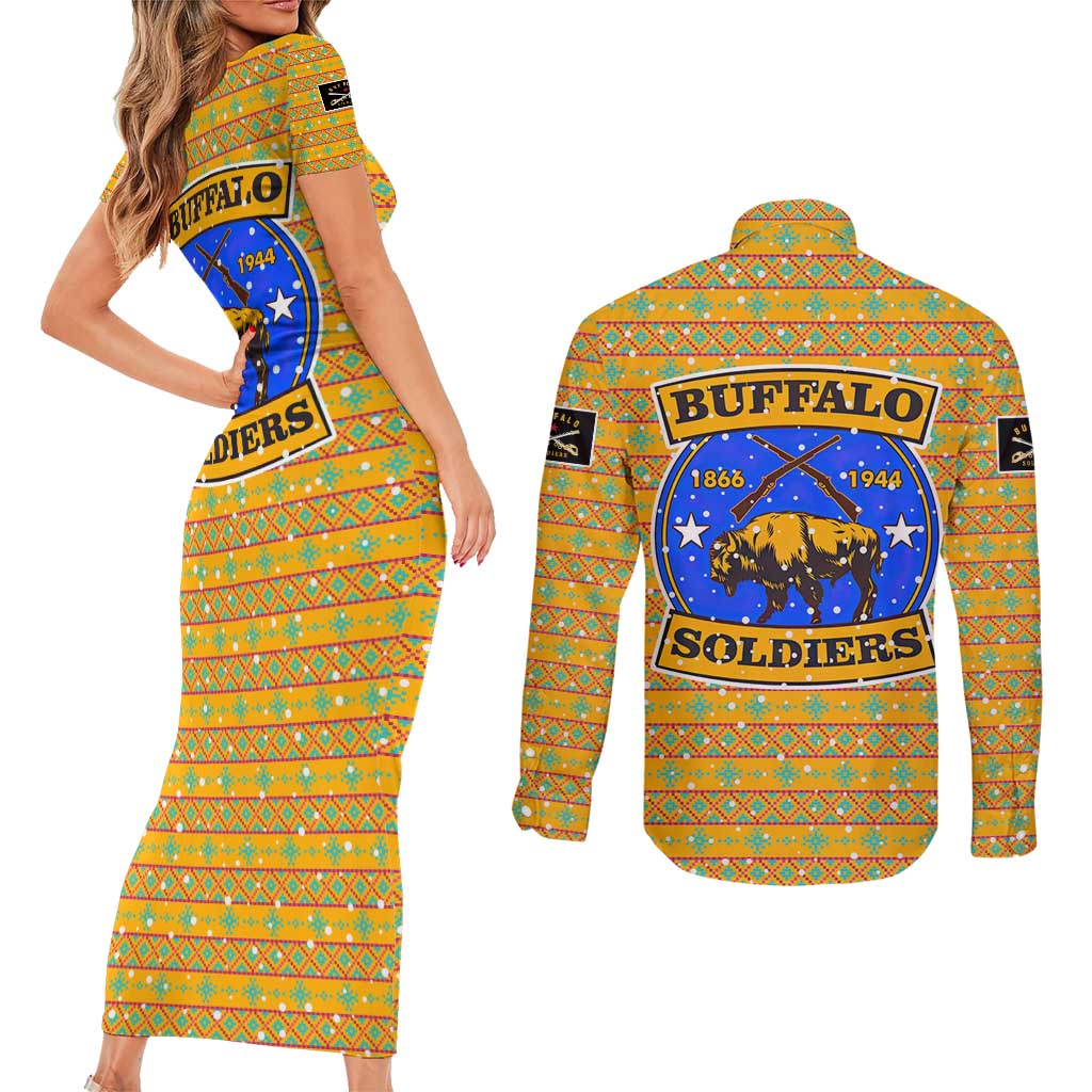 Buffalo Soldiers Christmas Couples Matching Short Sleeve Bodycon Dress and Long Sleeve Button Shirt with Yellow Cartoon Buffalo Santa Hat Design - Wonder Print Shop