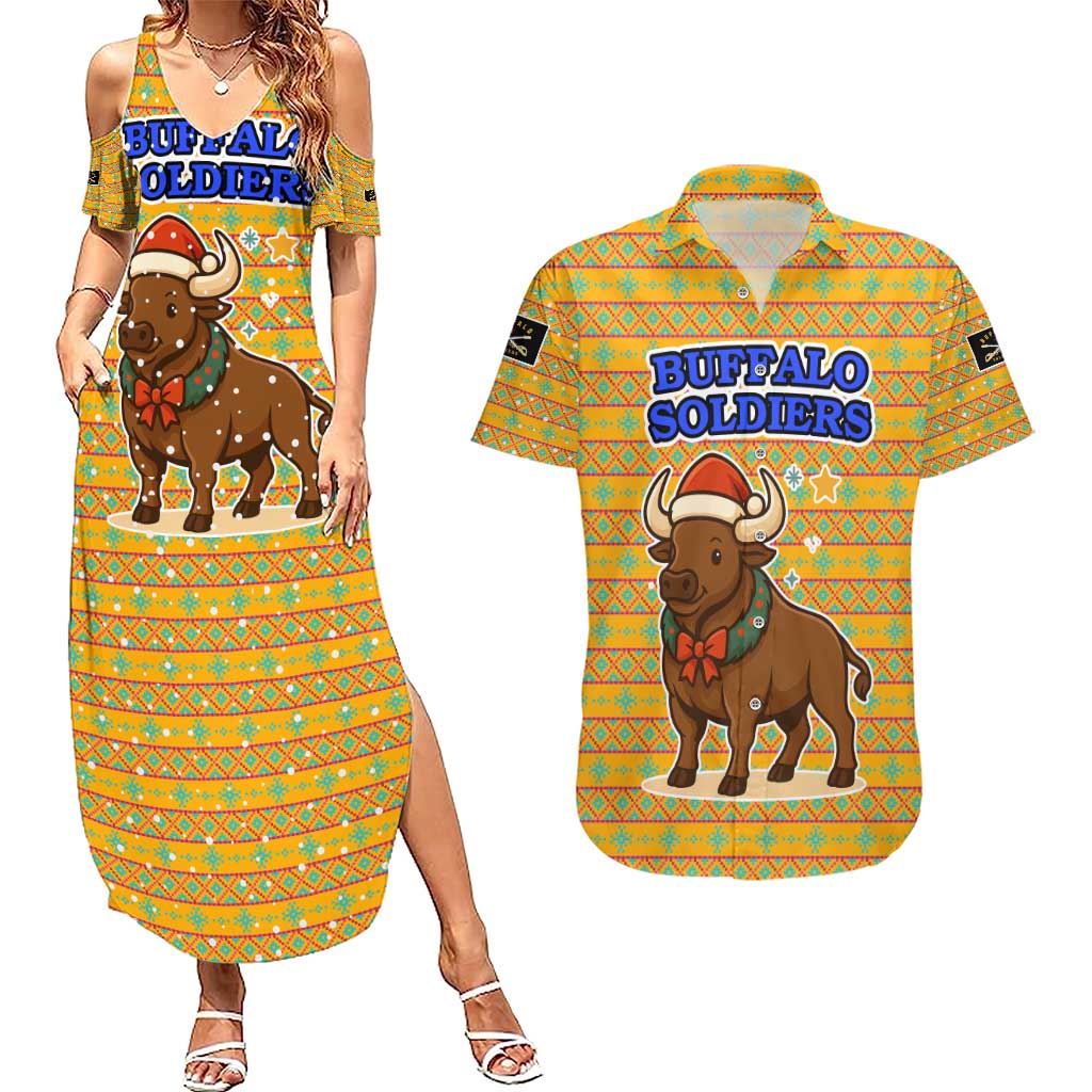 Buffalo Soldiers Christmas Couples Matching Summer Maxi Dress and Hawaiian Shirt with Yellow Cartoon Buffalo Santa Hat Design - Wonder Print Shop