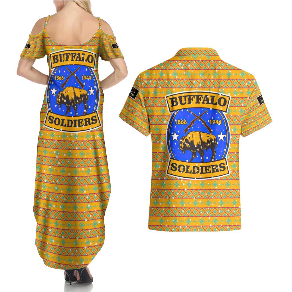 Buffalo Soldiers Christmas Couples Matching Summer Maxi Dress and Hawaiian Shirt with Yellow Cartoon Buffalo Santa Hat Design - Wonder Print Shop