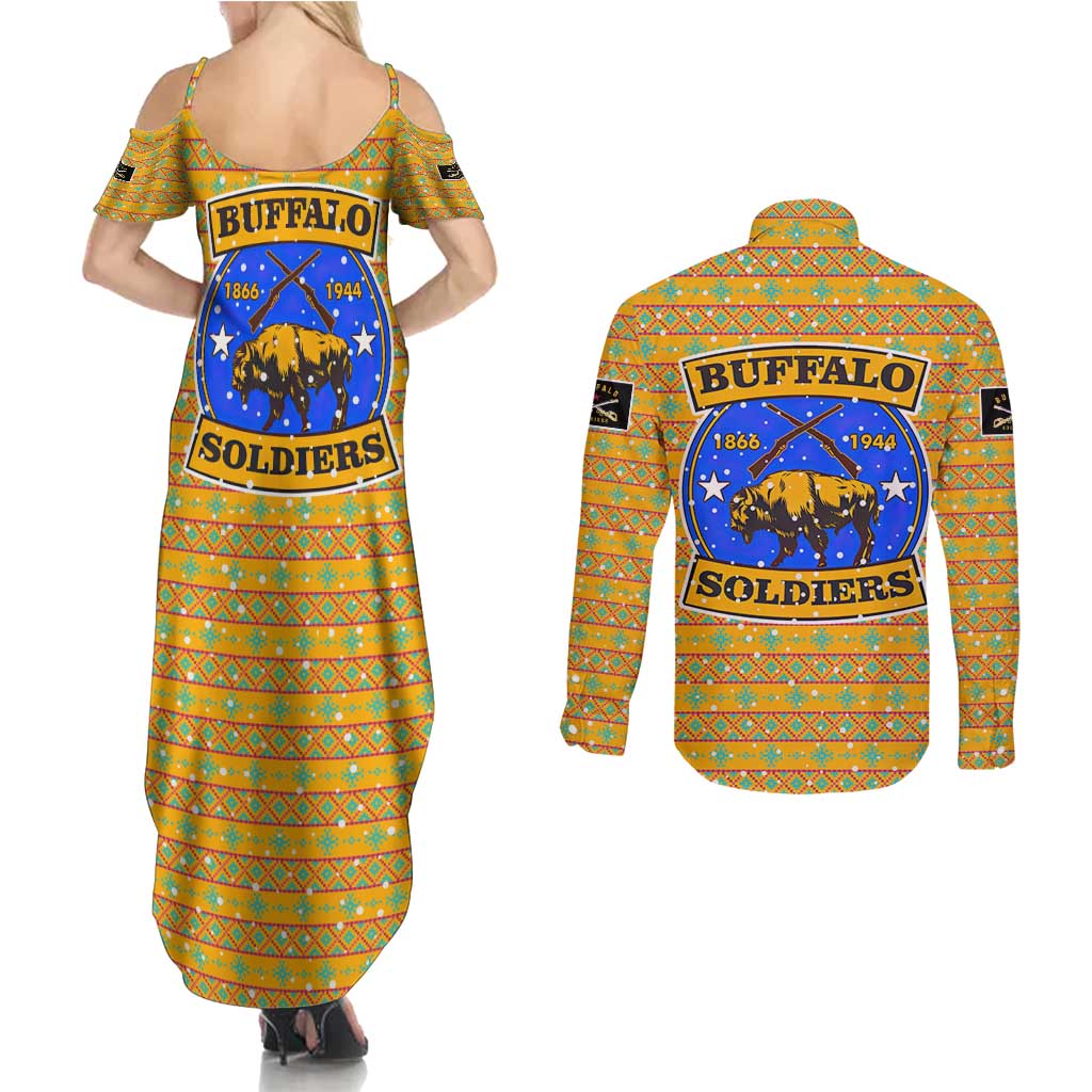 Buffalo Soldiers Christmas Couples Matching Summer Maxi Dress and Long Sleeve Button Shirt with Yellow Cartoon Buffalo Santa Hat Design - Wonder Print Shop