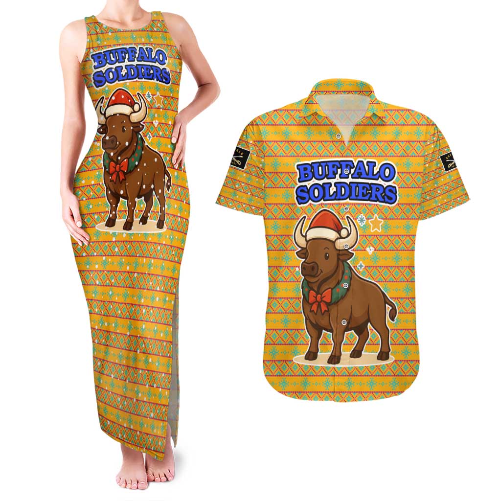 Buffalo Soldiers Christmas Couples Matching Tank Maxi Dress and Hawaiian Shirt with Yellow Cartoon Buffalo Santa Hat Design - Wonder Print Shop
