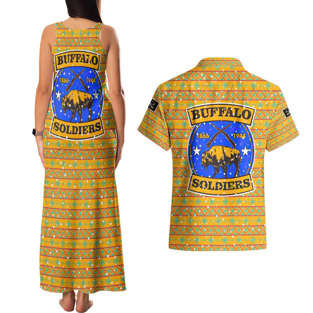 Buffalo Soldiers Christmas Couples Matching Tank Maxi Dress and Hawaiian Shirt with Yellow Cartoon Buffalo Santa Hat Design - Wonder Print Shop