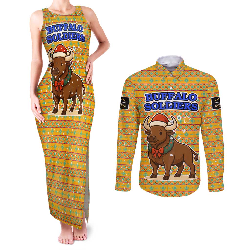 Buffalo Soldiers Christmas Couples Matching Tank Maxi Dress and Long Sleeve Button Shirt with Yellow Cartoon Buffalo Santa Hat Design - Wonder Print Shop