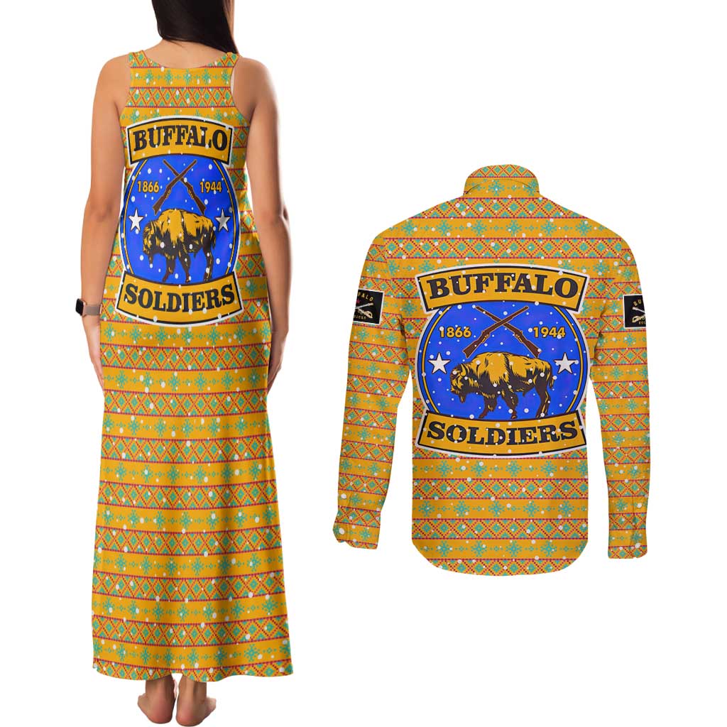 Buffalo Soldiers Christmas Couples Matching Tank Maxi Dress and Long Sleeve Button Shirt with Yellow Cartoon Buffalo Santa Hat Design - Wonder Print Shop