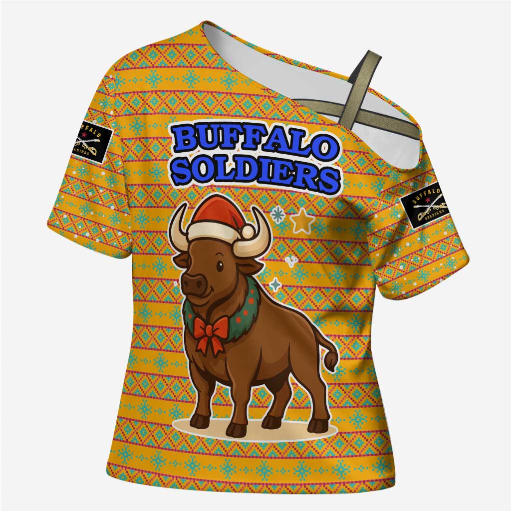 Buffalo Soldiers Christmas Cross Shoulder Shirt with Yellow Cartoon Buffalo Santa Hat Design - Wonder Print Shop