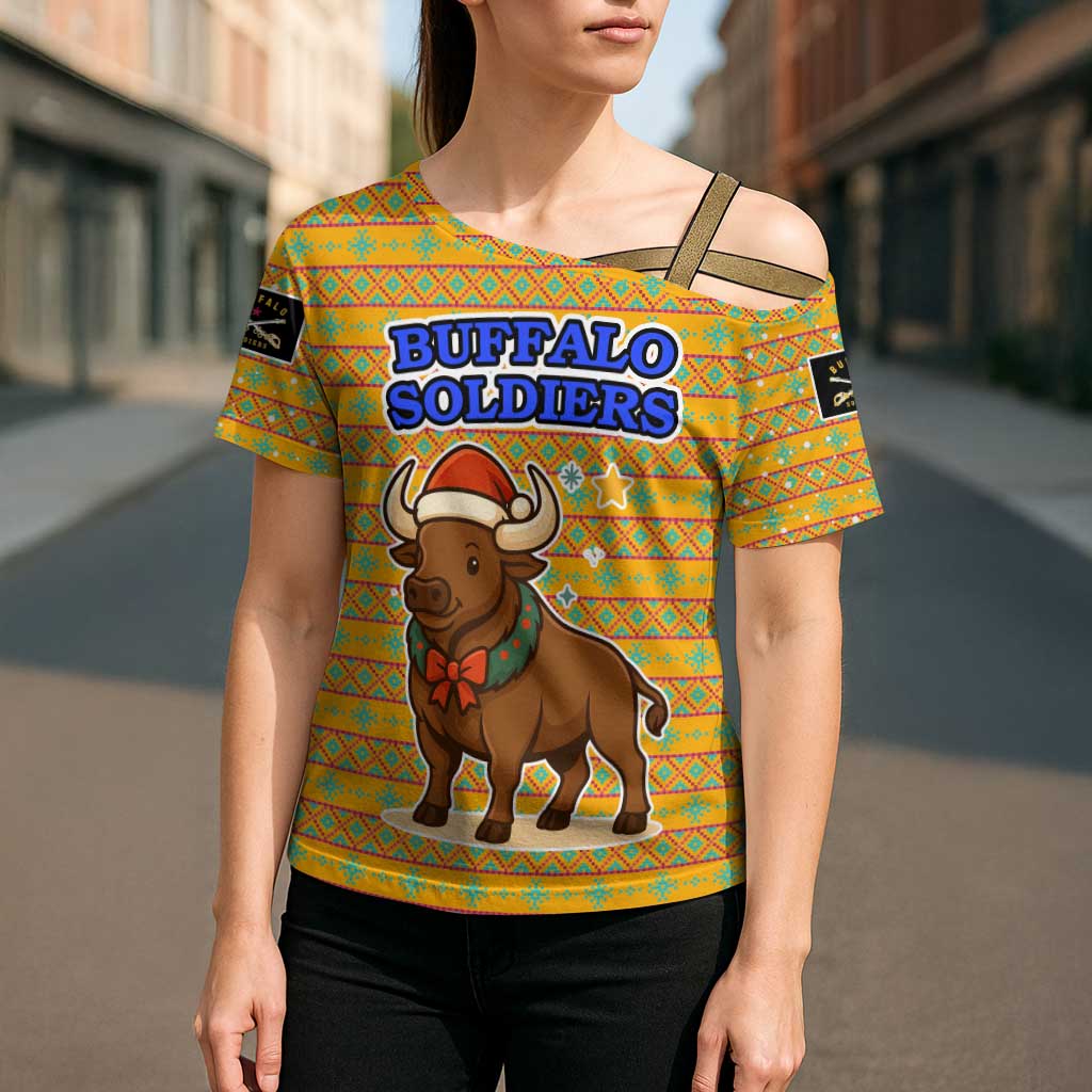 Buffalo Soldiers Christmas Cross Shoulder Shirt with Yellow Cartoon Buffalo Santa Hat Design - Wonder Print Shop