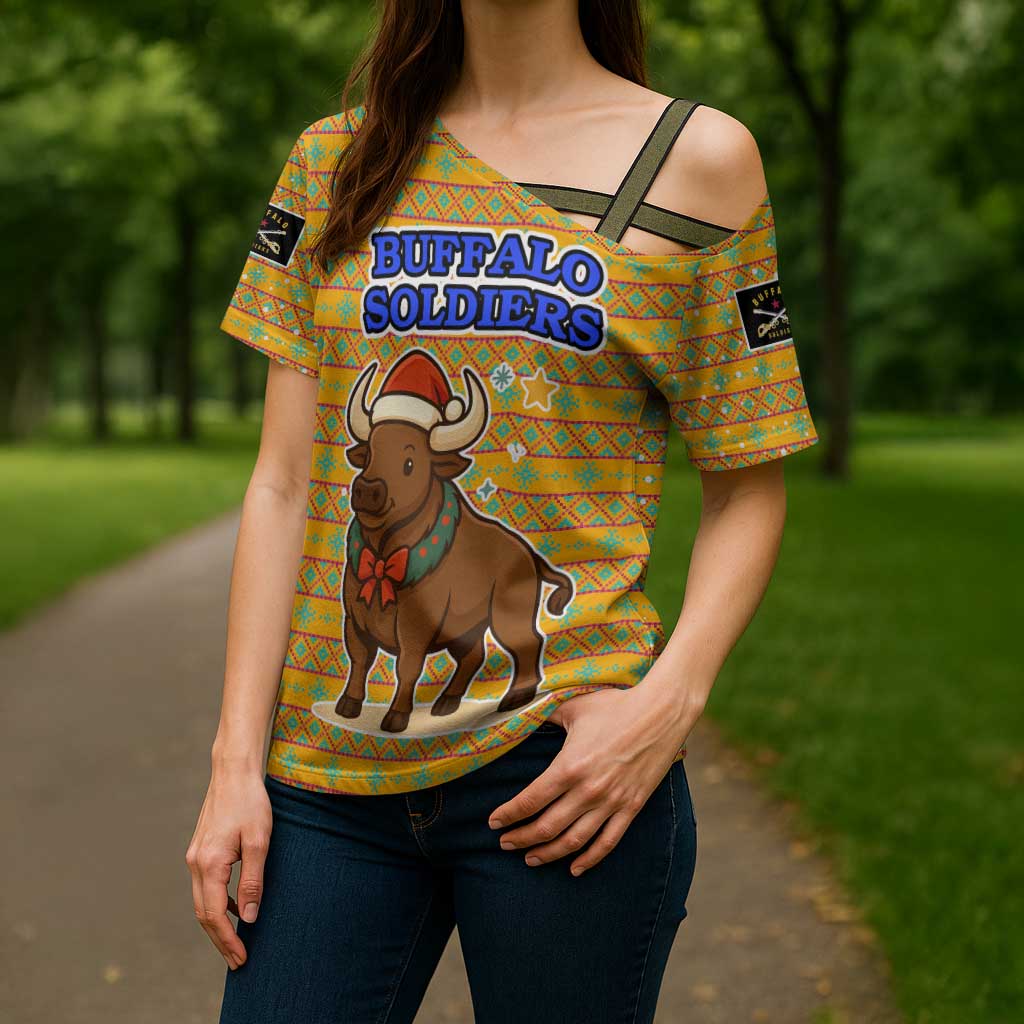 Buffalo Soldiers Christmas Cross Shoulder Shirt with Yellow Cartoon Buffalo Santa Hat Design - Wonder Print Shop