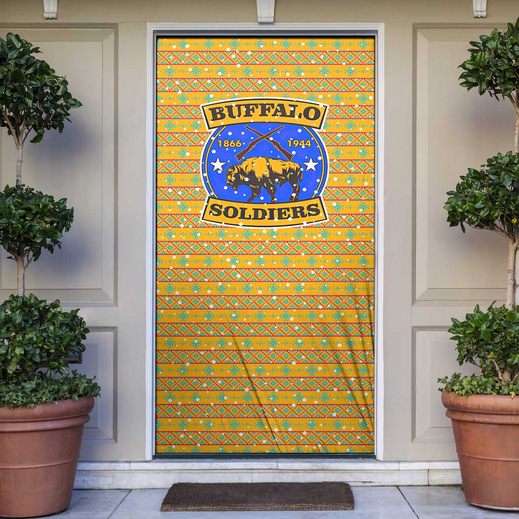 Buffalo Soldiers Christmas Door Cover with Yellow Cartoon Buffalo Santa Hat Design - Wonder Print Shop