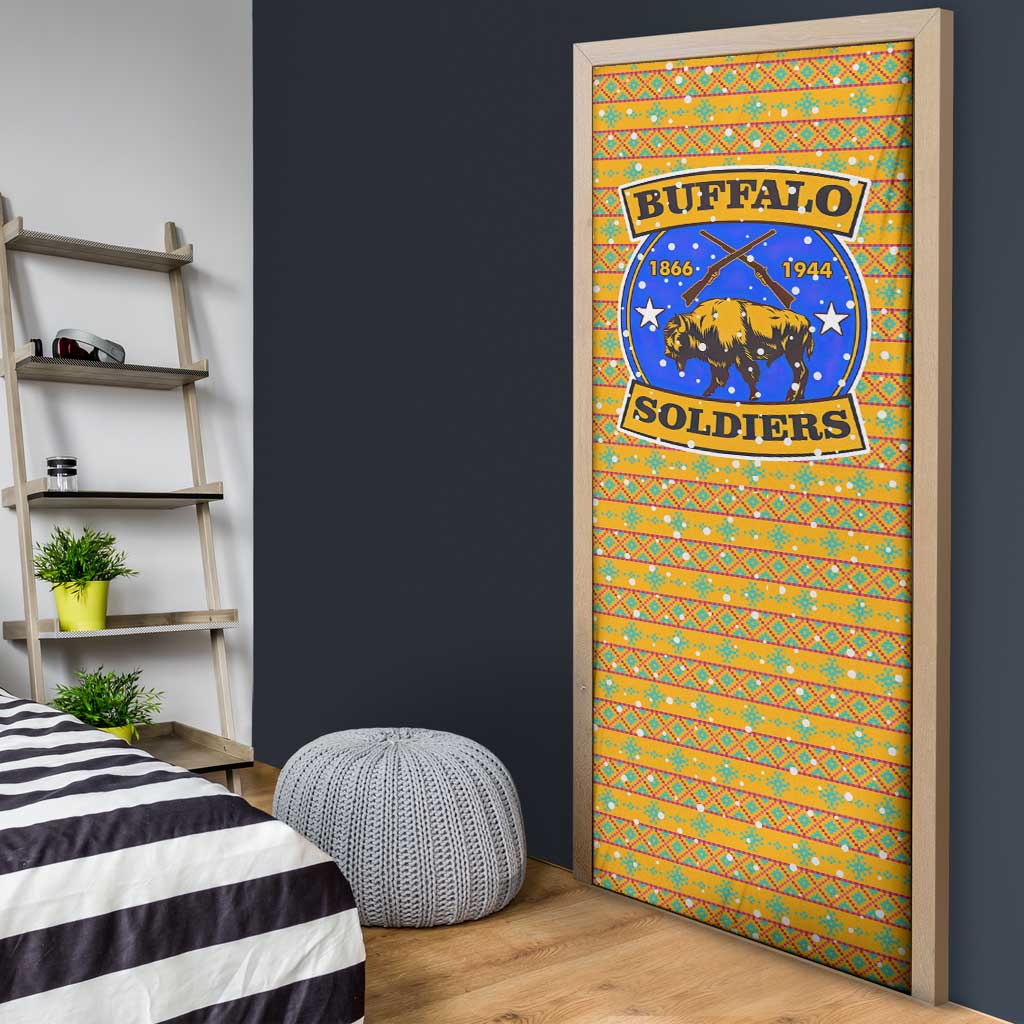 Buffalo Soldiers Christmas Door Cover with Yellow Cartoon Buffalo Santa Hat Design - Wonder Print Shop