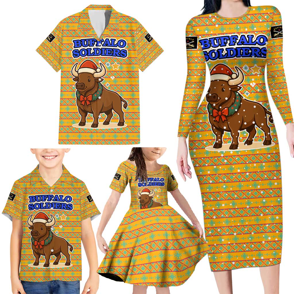 Buffalo Soldiers Christmas Family Matching Long Sleeve Bodycon Dress and Hawaiian Shirt with Yellow Cartoon Buffalo Santa Hat Design - Wonder Print Shop