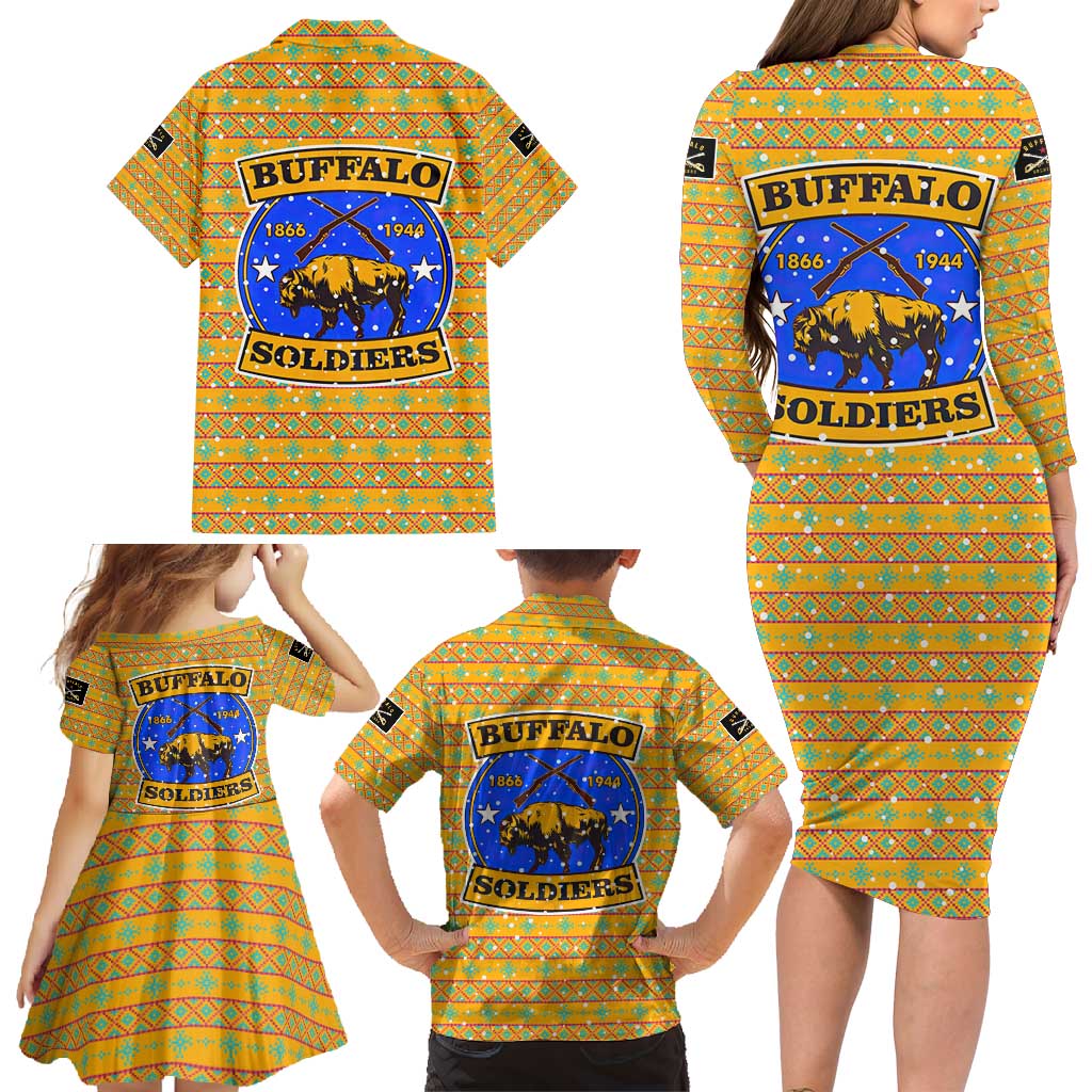 Buffalo Soldiers Christmas Family Matching Long Sleeve Bodycon Dress and Hawaiian Shirt with Yellow Cartoon Buffalo Santa Hat Design - Wonder Print Shop