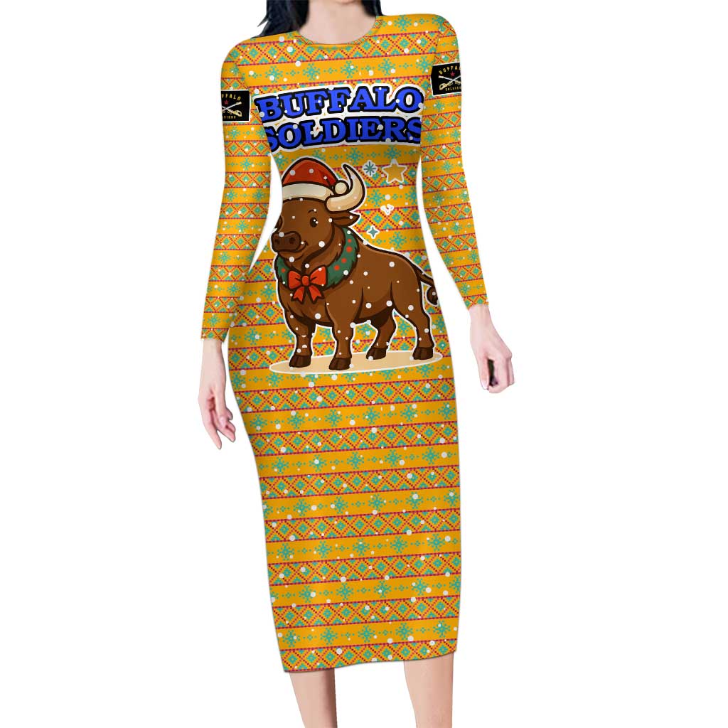 Buffalo Soldiers Christmas Family Matching Long Sleeve Bodycon Dress and Hawaiian Shirt with Yellow Cartoon Buffalo Santa Hat Design - Wonder Print Shop