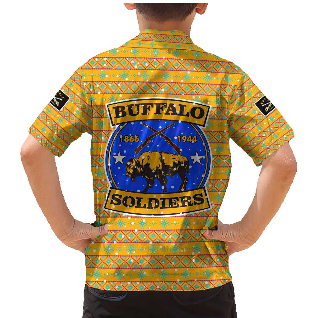 Buffalo Soldiers Christmas Family Matching Mermaid Dress and Hawaiian Shirt with Yellow Cartoon Buffalo Santa Hat Design - Wonder Print Shop