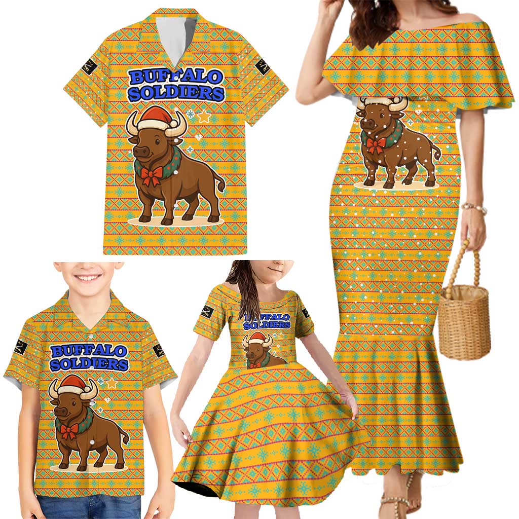 Buffalo Soldiers Christmas Family Matching Mermaid Dress and Hawaiian Shirt with Yellow Cartoon Buffalo Santa Hat Design - Wonder Print Shop