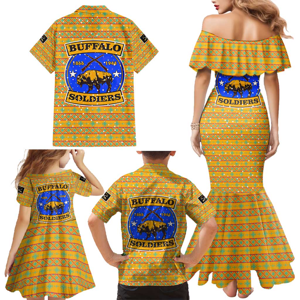 Buffalo Soldiers Christmas Family Matching Mermaid Dress and Hawaiian Shirt with Yellow Cartoon Buffalo Santa Hat Design - Wonder Print Shop