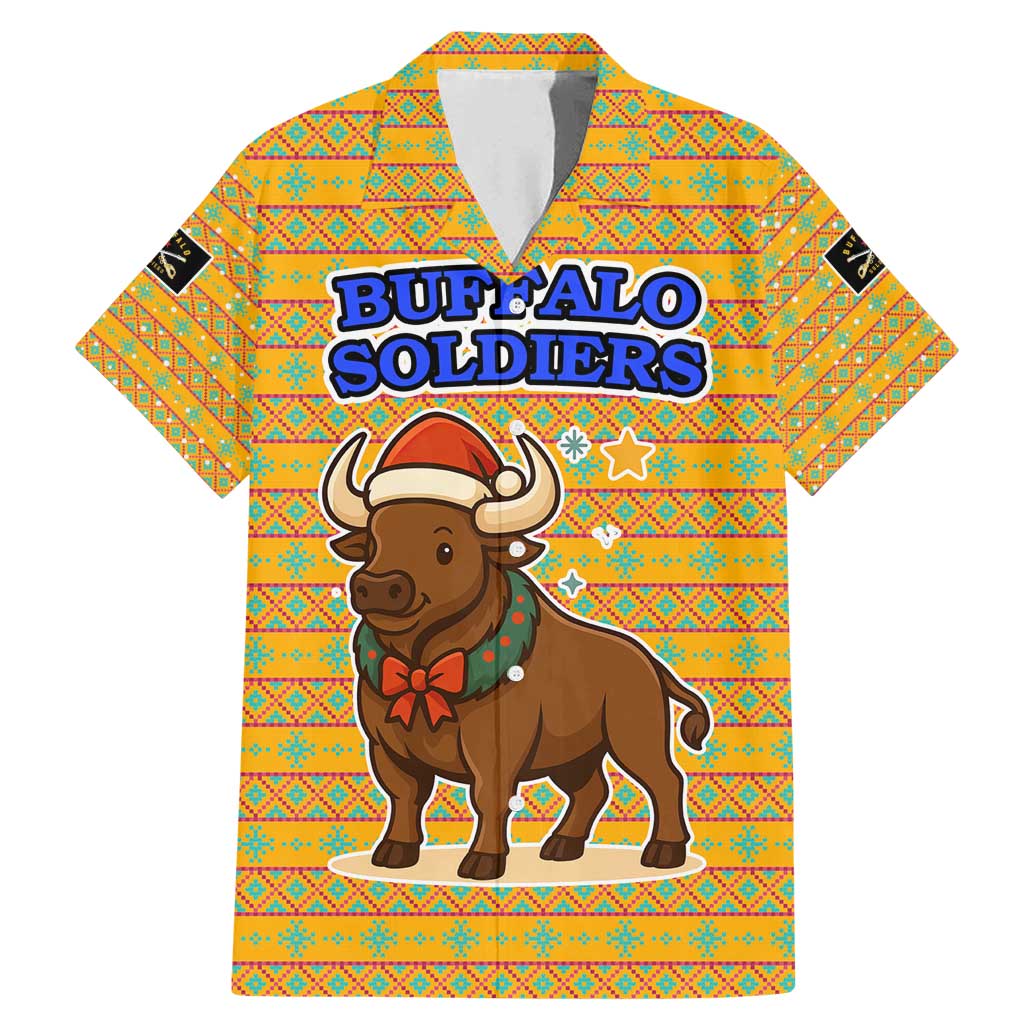 Buffalo Soldiers Christmas Family Matching Mermaid Dress and Hawaiian Shirt with Yellow Cartoon Buffalo Santa Hat Design - Wonder Print Shop